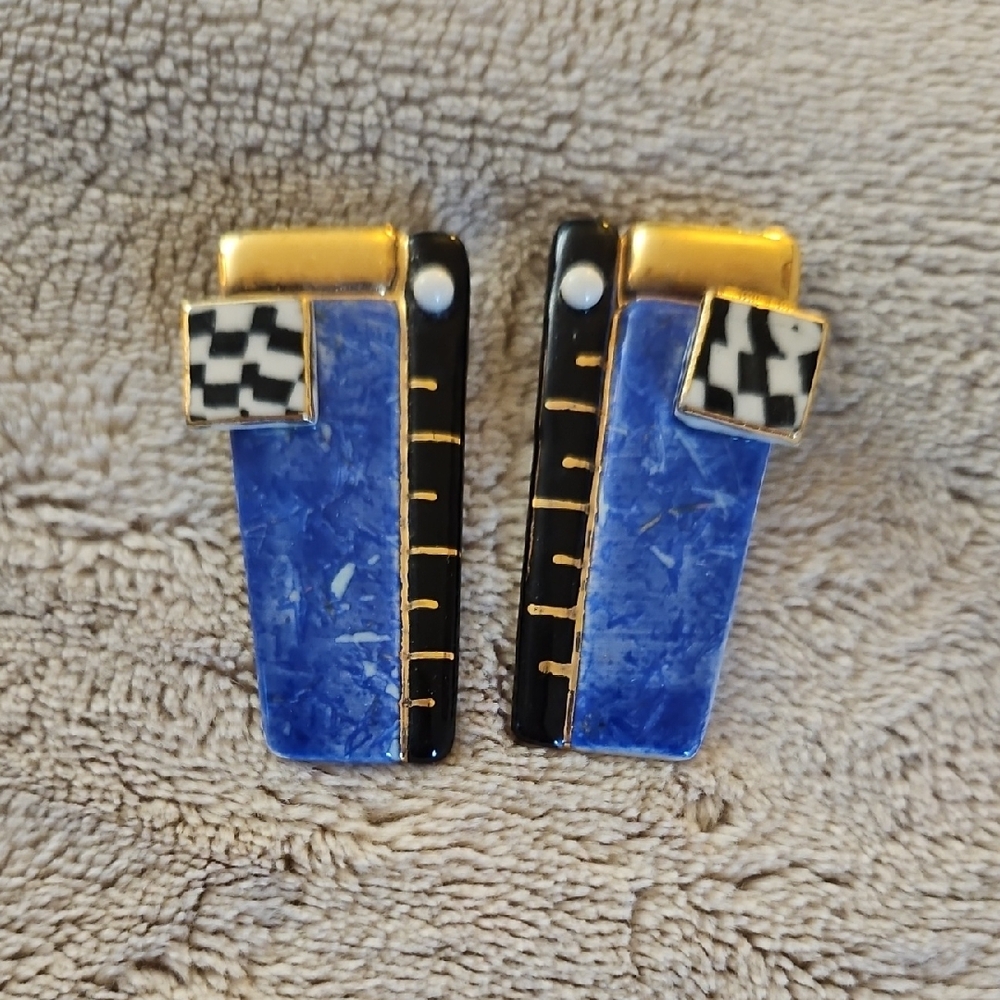 Art Deco Style Blue and Black Earrings